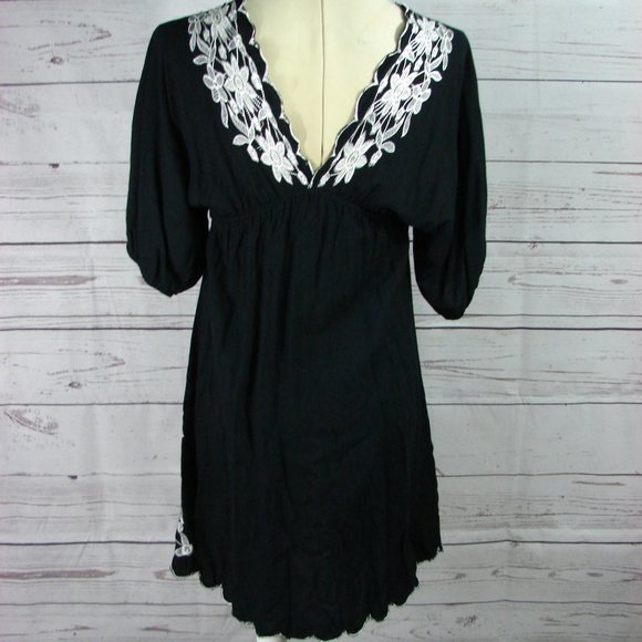 Black W/White Embroidered Floral Dress Tunic Top S - Picture 7 of 15